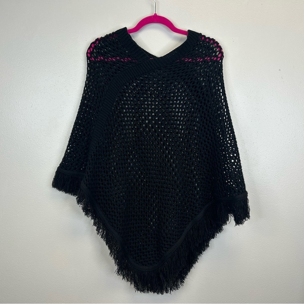 Zn Black Womens S/M Open Knit Sweater Poncho Goth Witchy Mesh Fringe‎ 70s 90s